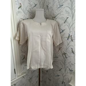 New Mints Rayon Short Sleeve Ivory Blouse Oversized Crop Front Pocket Vintage